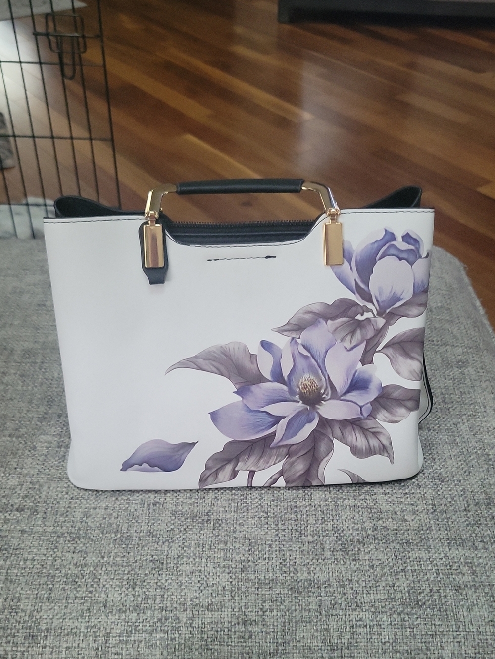 Source Unknown White Tote with Purple Floral Print and Gold Tone Handles